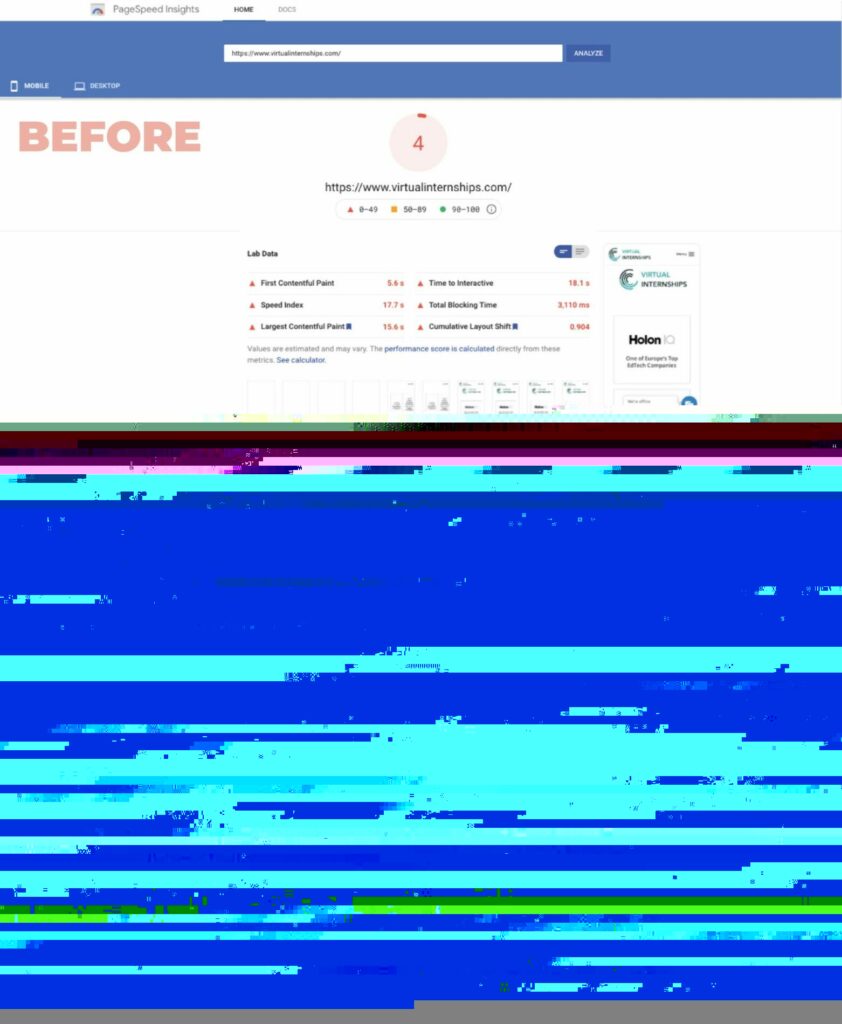 Before and After Virtual Internships PageSpeed Optimisation