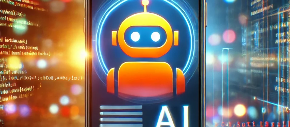 A smartphone displaying a chatbot AI interface, similar to a modern mobile app interface with code and data in the background