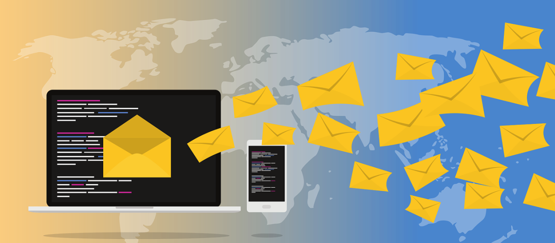 faded map background with a laptop and mobile phone with closed envelopes fluttering past