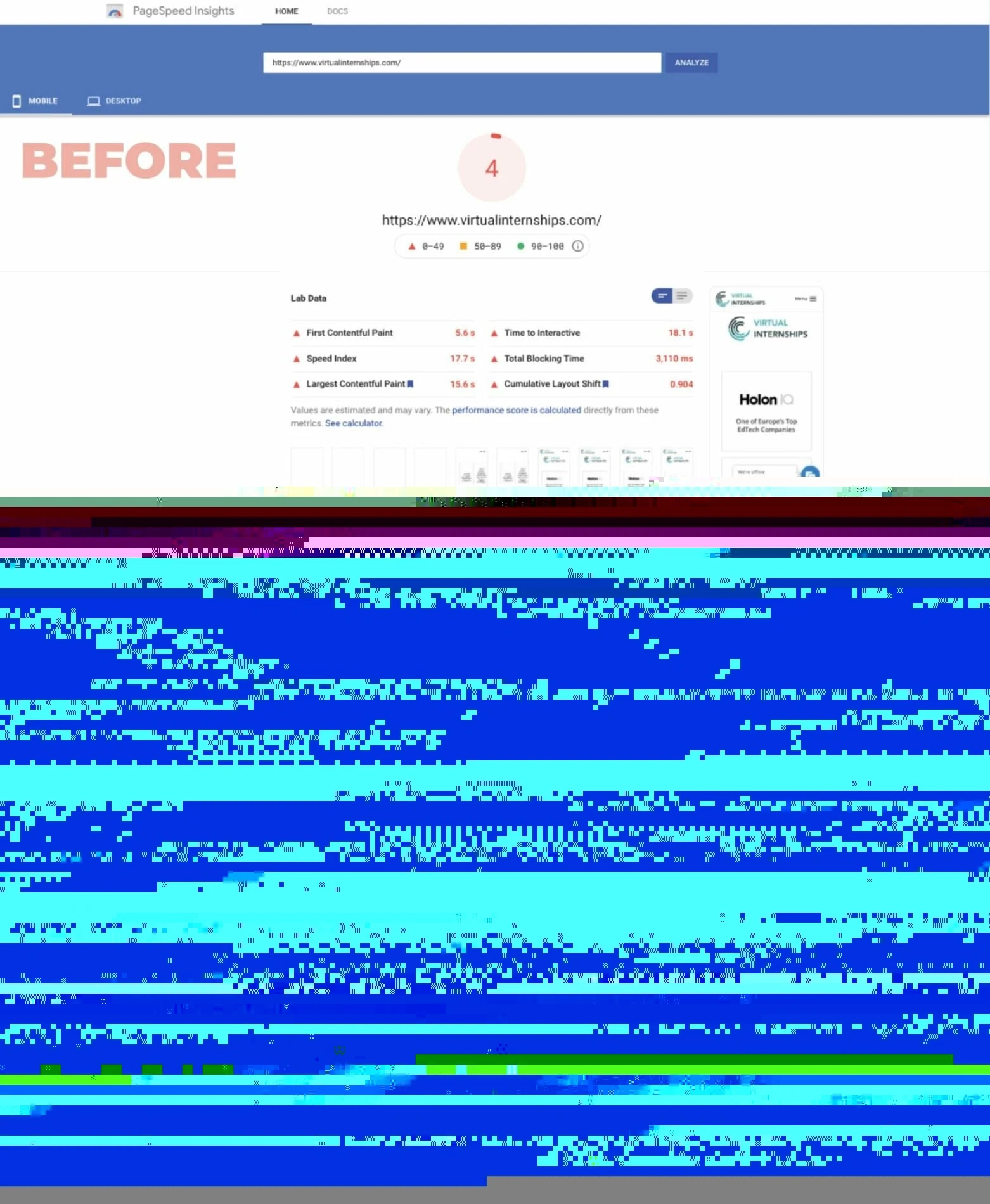 Before and After Virtual Internships PageSpeed Optimisation