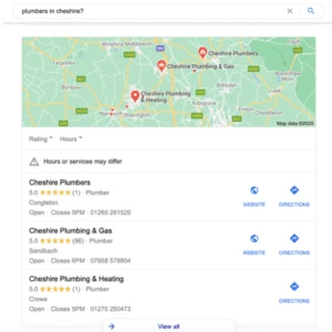 SERP Example - Plumbers in Cheshire
