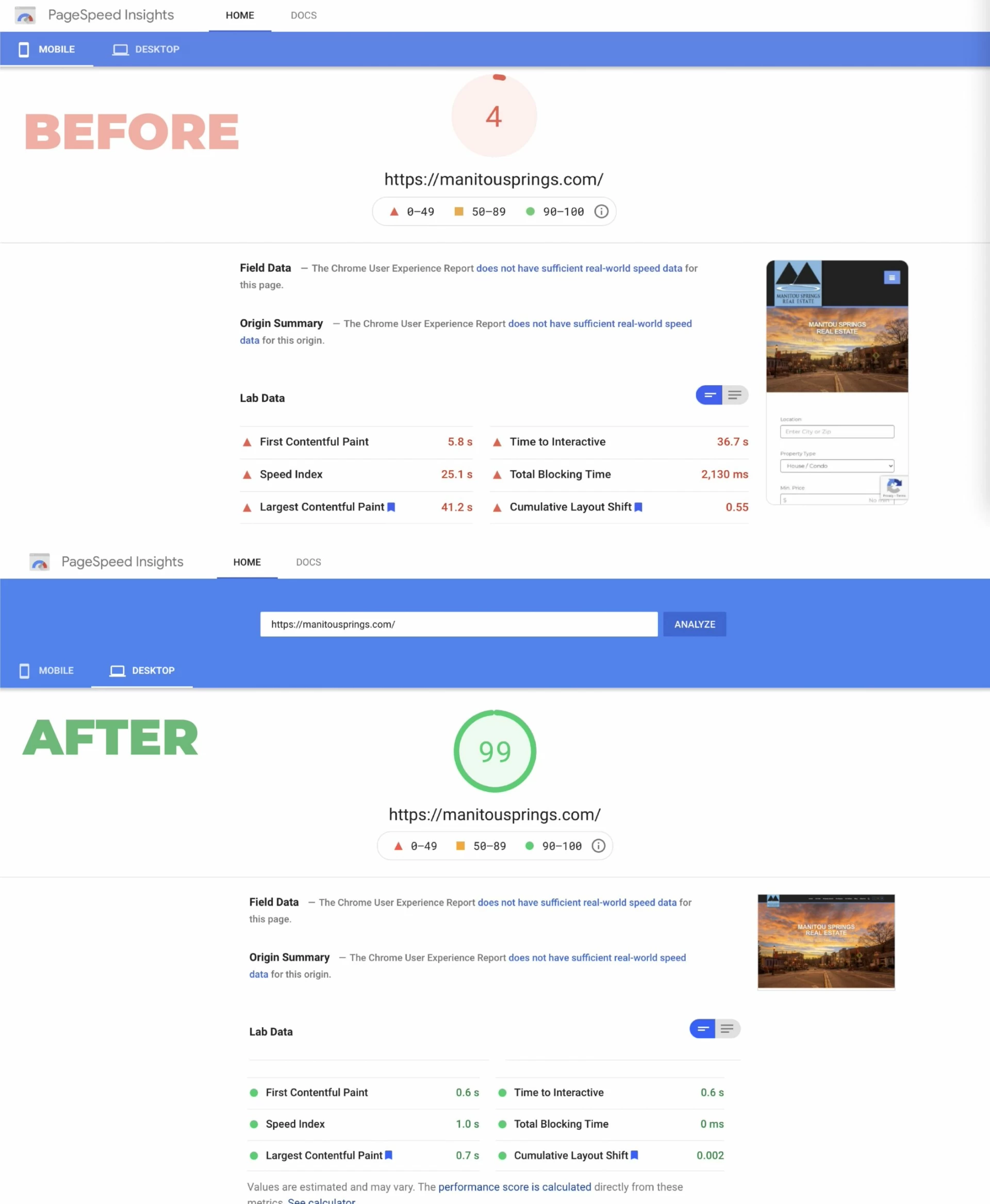 Before and After Manitou Springs PageSpeed Optimisation
