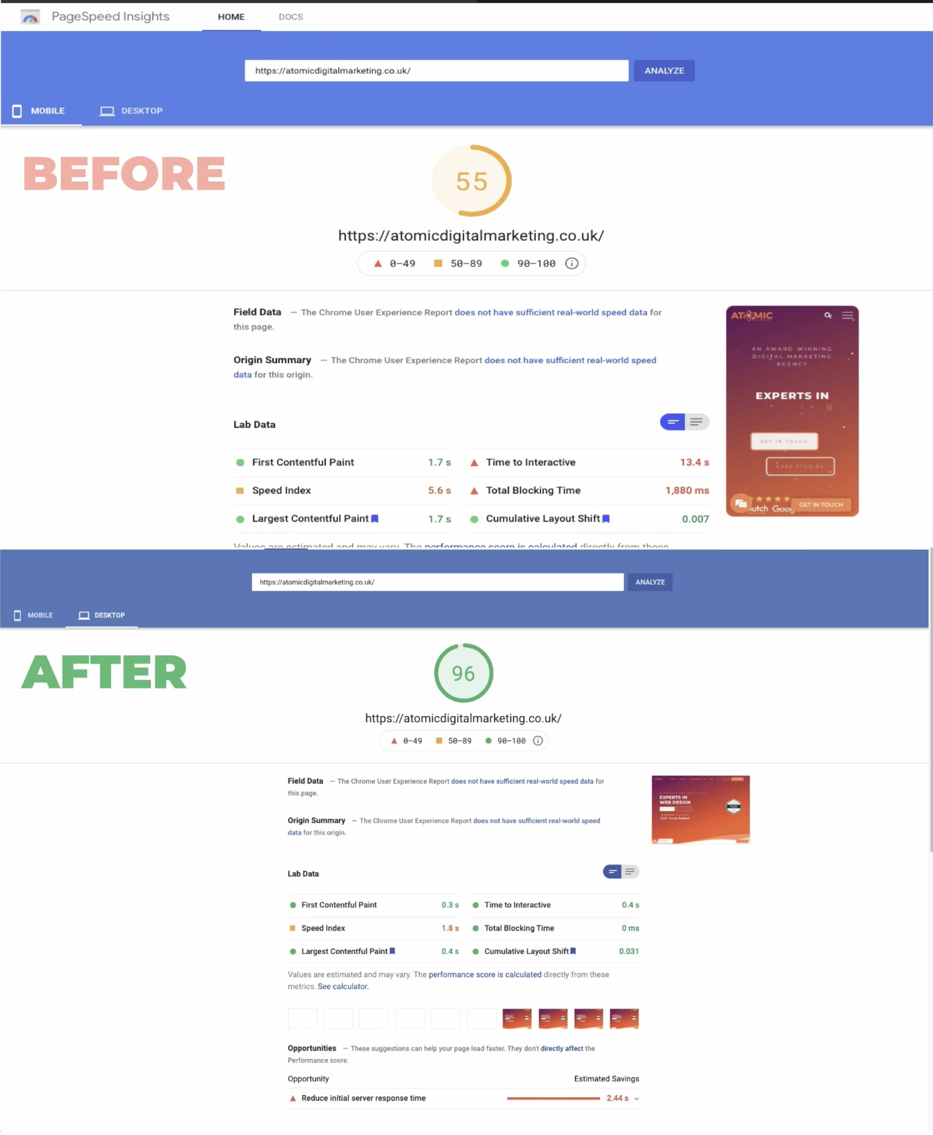 Before and After Atomic Digital Marketing PageSpeed Optimisation